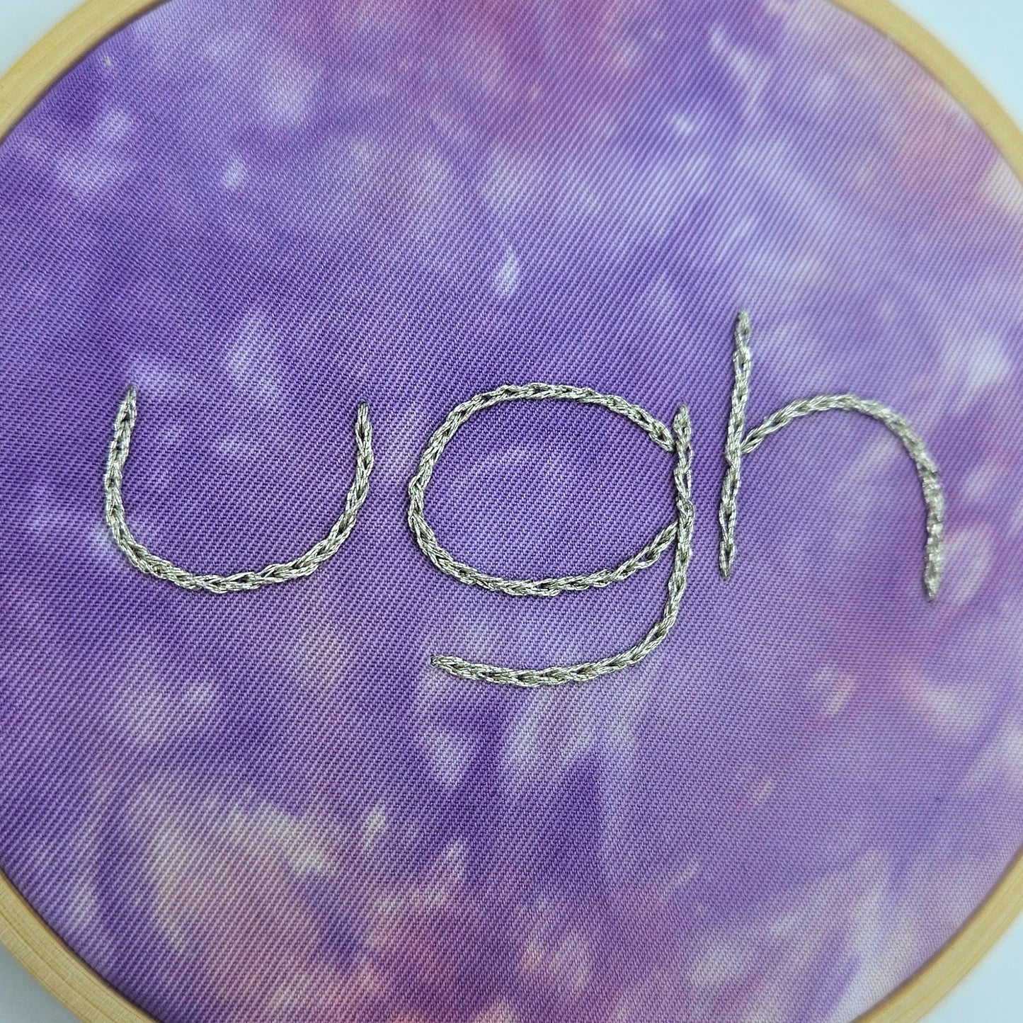 Metallic Silver & Purple Tie-Dye Ugh Embroidery Hoop Art