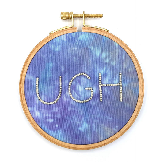 Gold & Blue Beaded Tie-Dye Ugh Embroidery Hoop Art