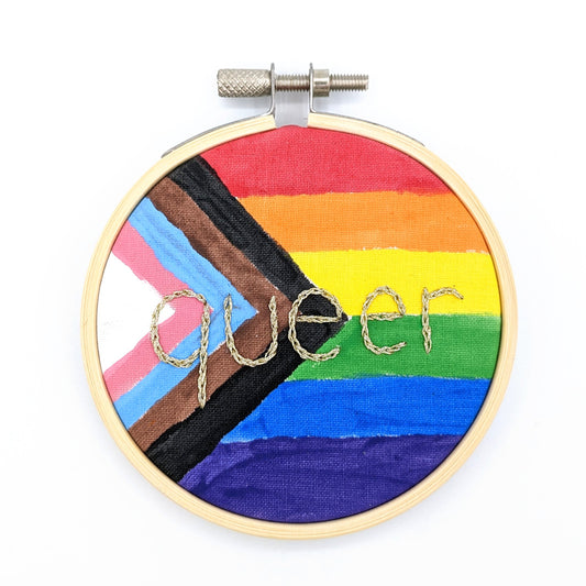 Queer Pride Progress Flag Embroidery Hoop Art