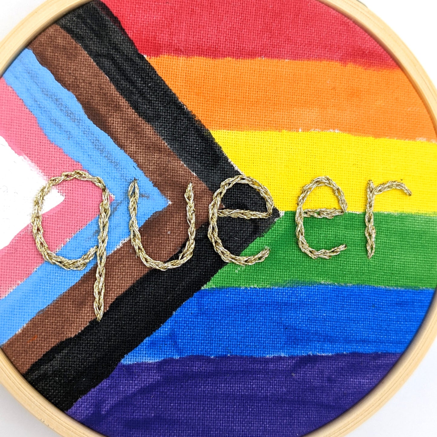 Queer Pride Progress Flag Embroidery Hoop Art