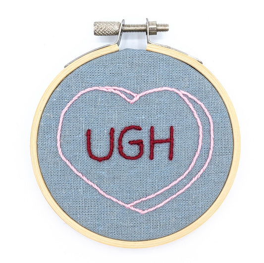 Pink & Blue Candy Heart Ugh Embroidery Hoop Art