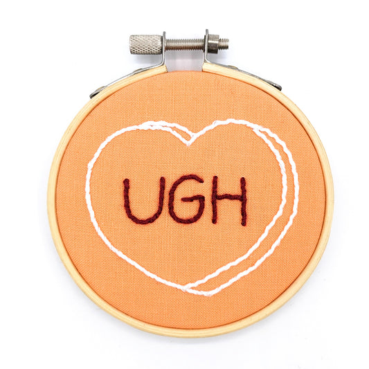 White & Orange Candy Heart Ugh Embroidery Hoop Art