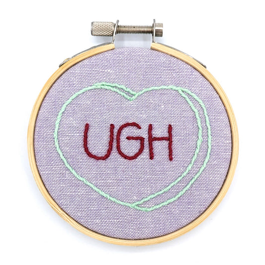 Green & Purple Candy Heart Ugh Embroidery Hoop Art