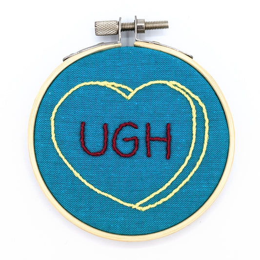 Yellow & Teal Candy Heart Ugh Embroidery Hoop Art