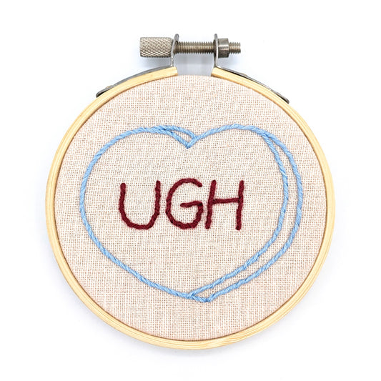 Blue & Pink Candy Heart Ugh Embroidery Hoop Art