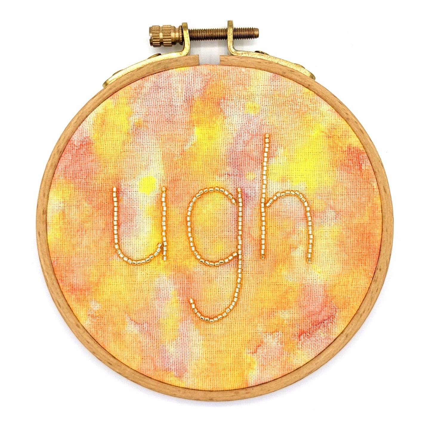 Yellow Bead & Watercolor Ugh Embroidery Hoop Art