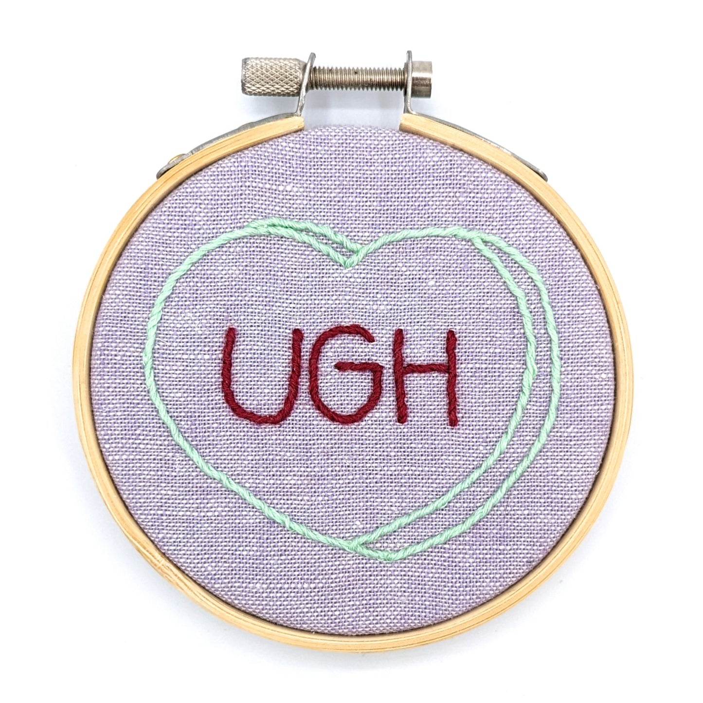 Green & Purple Candy Heart Ugh Embroidery Hoop Art